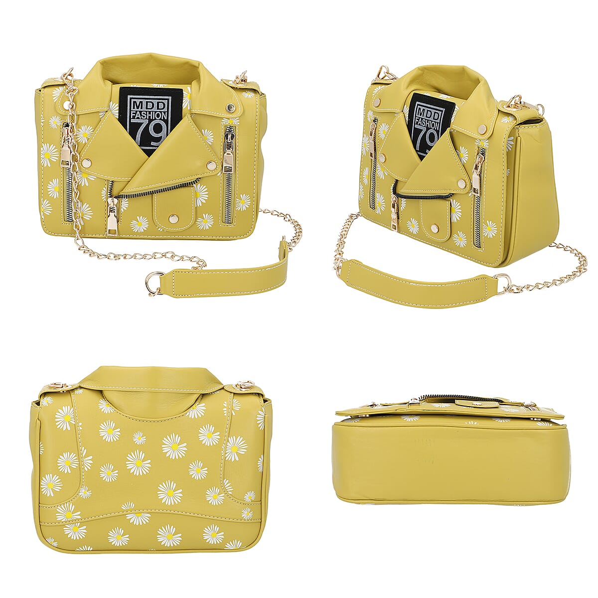 Yellow with Daisy Faux Leather Jacket Crossbody Bag with Shoulder Strap image number 1