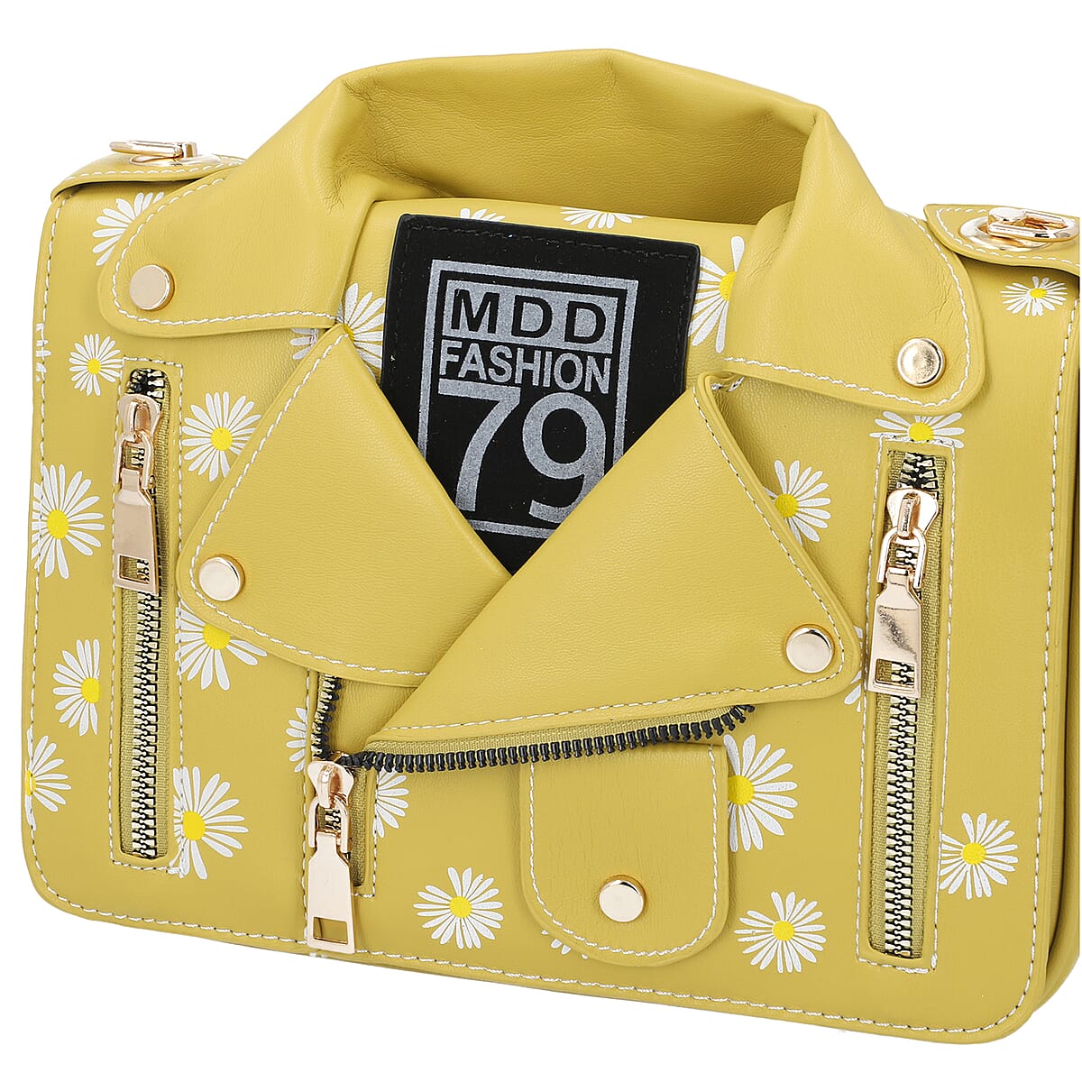 Yellow with Daisy Faux Leather Jacket Crossbody Bag with Shoulder Strap image number 2