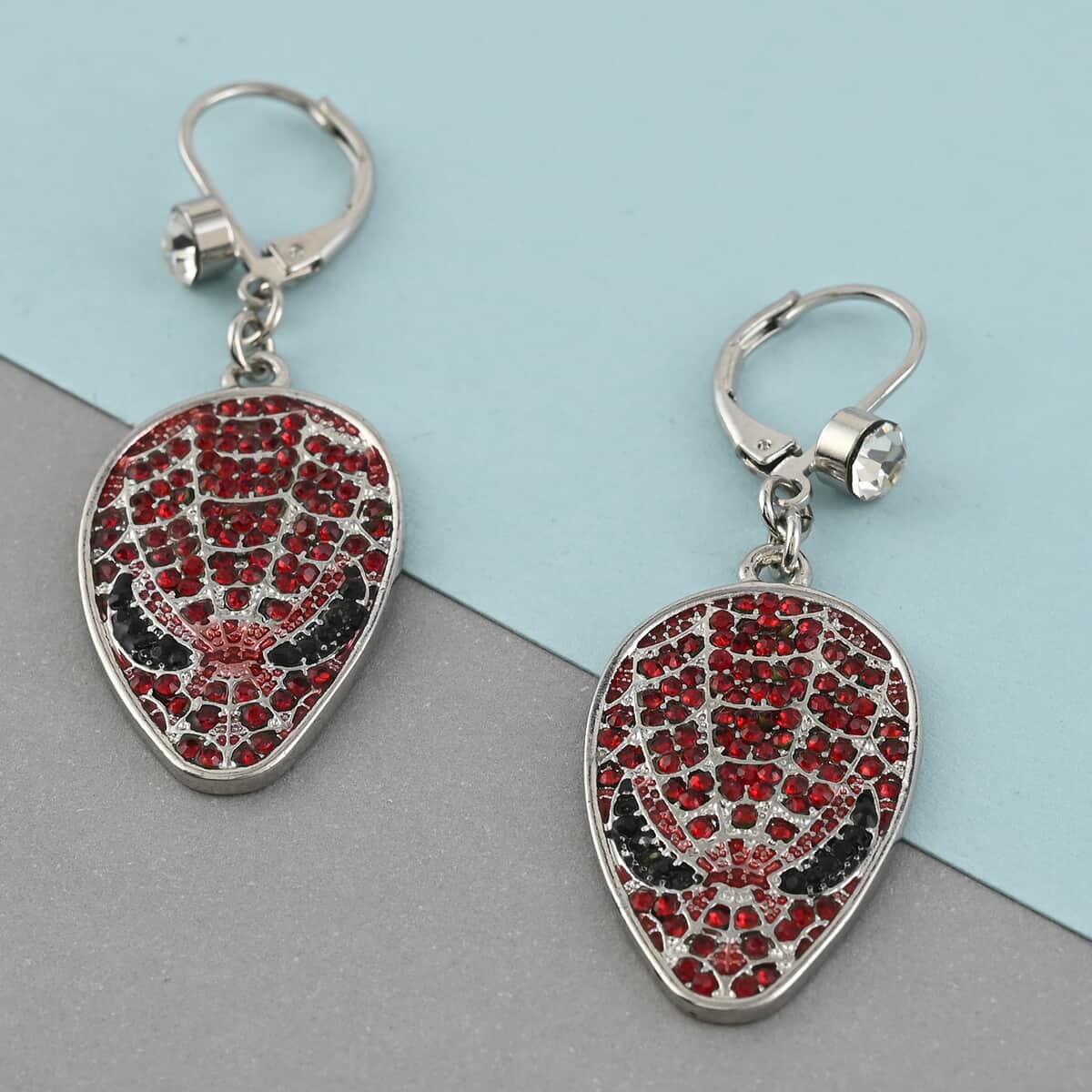 Marvel Simulated Ruby Red Pave Spiderman Earrings in Silvertone image number 1