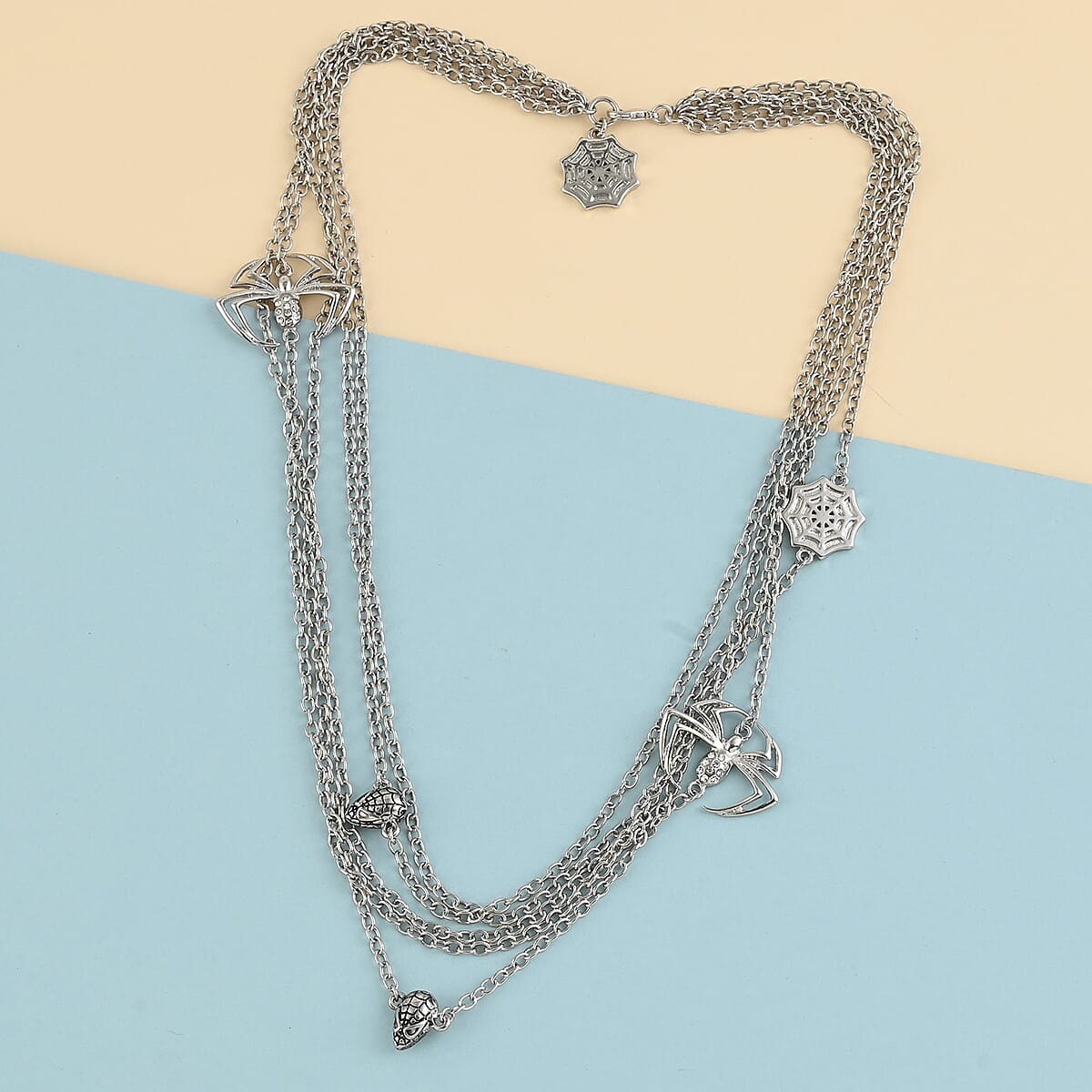 MARVEL Simulated Diamond Spider-Man Multi-Chain Necklace with Spider Head and Spider Charms (18 Inches in Silvertone image number 1