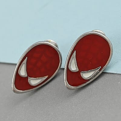 Marvel Spider-Man Red Enamel Face Stud Earrings in Silvertone