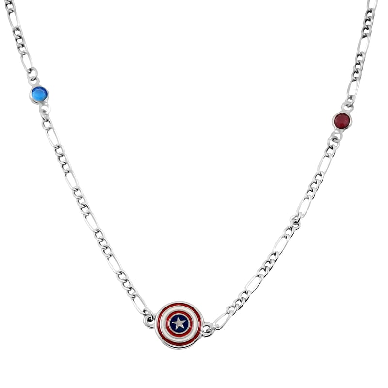MARVEL Simulated Diamond Captain America Multi Crystal Necklace 36 Inches in Silvertone