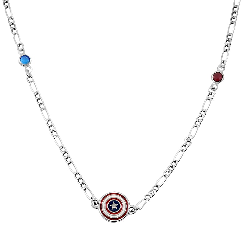 MARVEL Simulated Diamond Captain America Multi Crystal Necklace 36 Inches in Silvertone