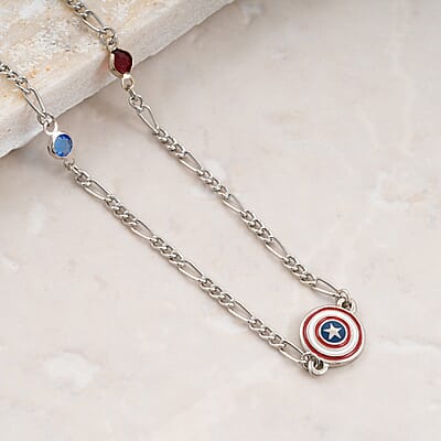 MARVEL Simulated Diamond Captain America Multi Crystal Necklace 36 Inches in Silvertone