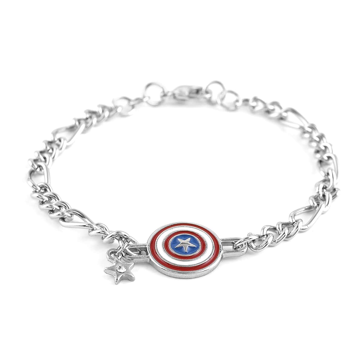 Simulated Diamond and Enameled Captain America Figaro Shield Bracelet in Silvertone (7.00 In) image number 0