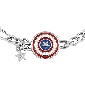 Simulated Diamond and Enameled Captain America Figaro Shield Bracelet in Silvertone (7.00 In)