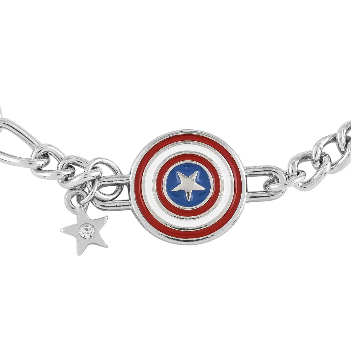 Simulated Diamond and Enameled Captain America Figaro Shield Bracelet in Silvertone (7.00 In) image number 1