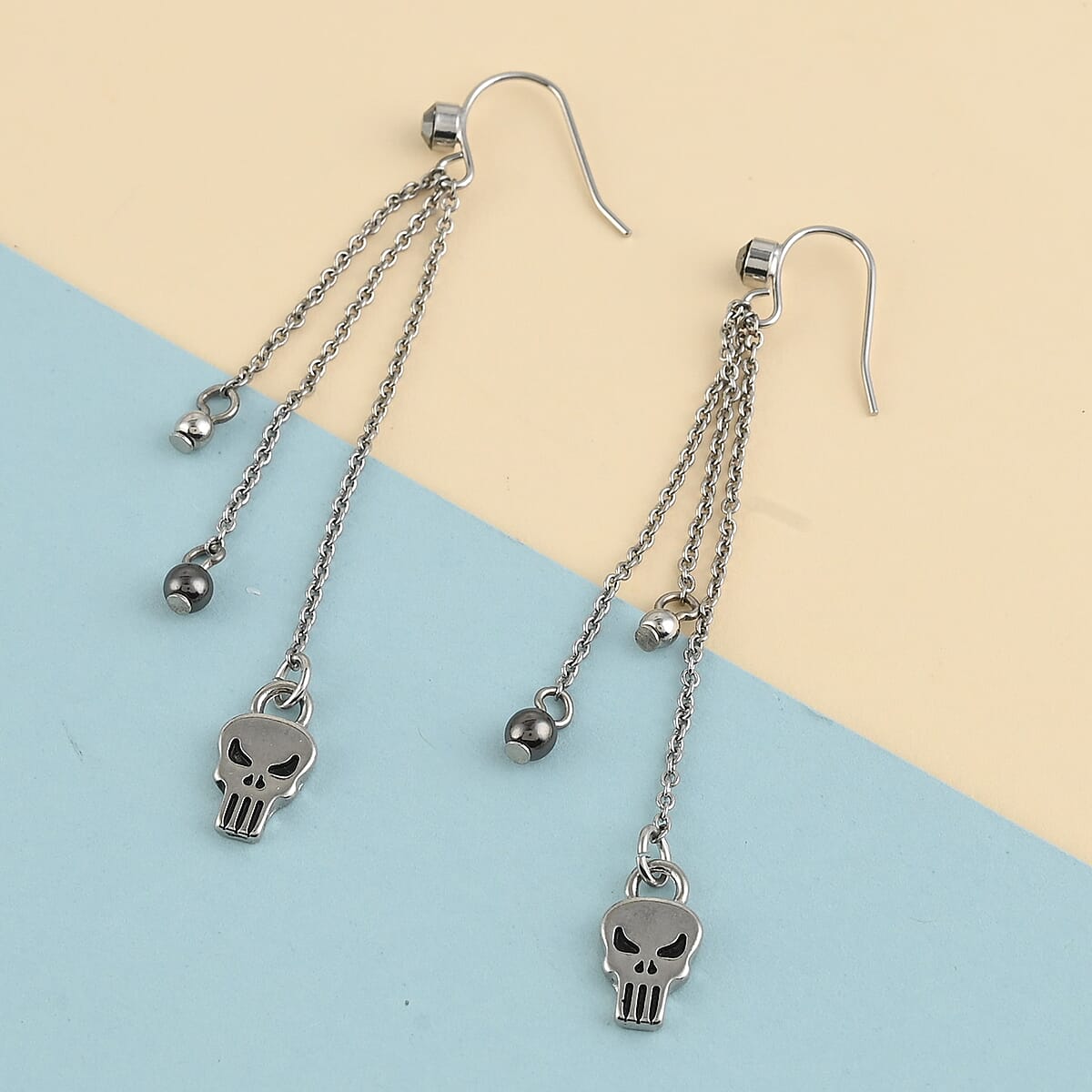 MARVEL Simulated Gray Spinel Punisher Skull and Bead Drop Earrings in Silvertone image number 1