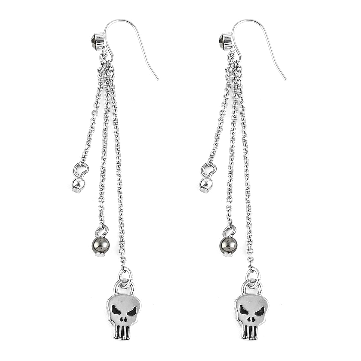 MARVEL Simulated Gray Spinel Punisher Skull and Bead Drop Earrings in Silvertone image number 2