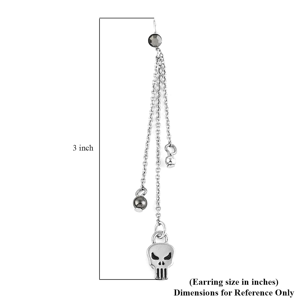 MARVEL Simulated Gray Spinel Punisher Skull and Bead Drop Earrings in Silvertone image number 3