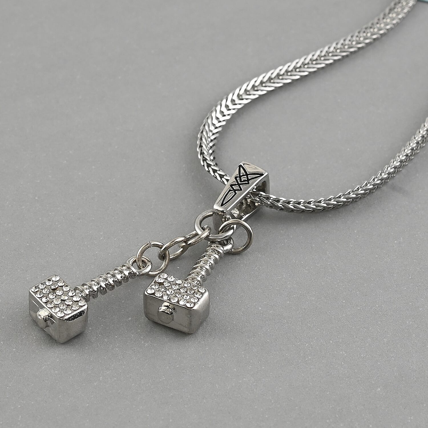 MARVEL Simulated Diamond Thor Dangle Crystal Hammer Necklace 18 Inches in Silvertone