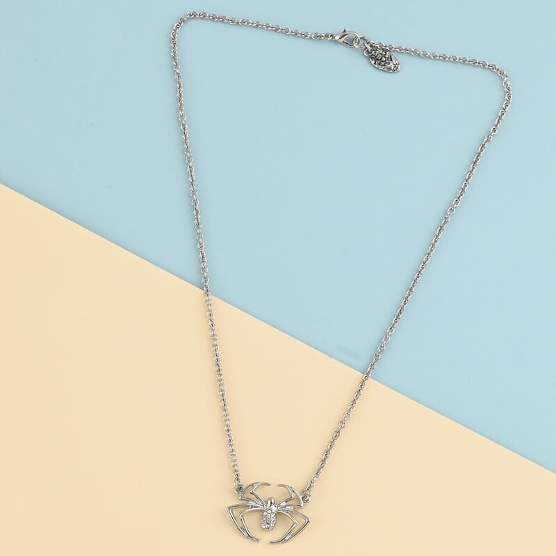 Marvel Simulated Diamond Spider Necklace in Silvertone 17.5 Inches
