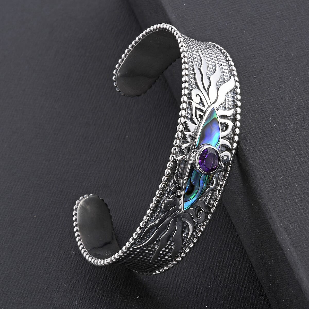 Bali Legacy Amethyst and Abalone Shell Evil Eye Protector Cuff Bracelet in Sterling Silver 1.25 ctw image number 1