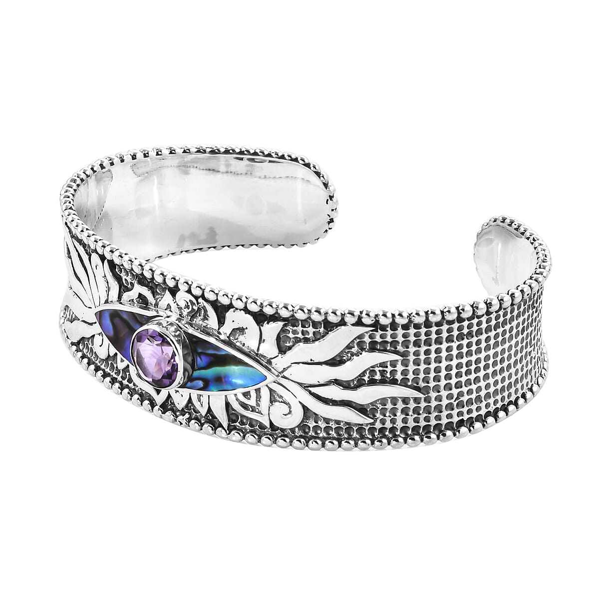 Bali Legacy Amethyst and Abalone Shell Evil Eye Protector Cuff Bracelet in Sterling Silver 1.25 ctw image number 3