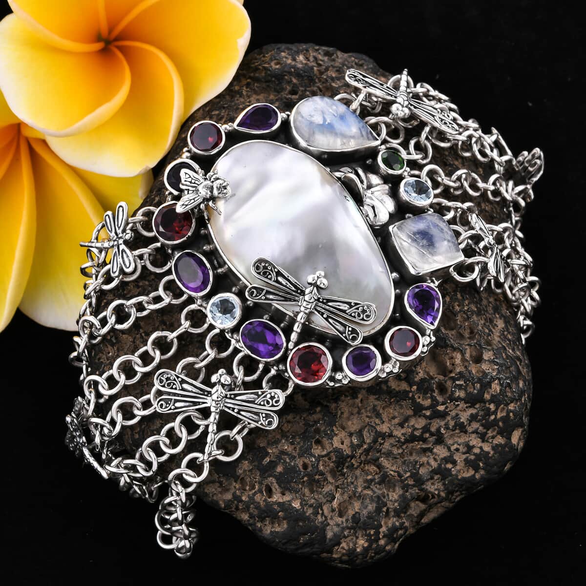 BALI LEGACY Mother Of Pearl and Multi Gemstone Bracelet in Sterling Silver (7.25 In) 58 Grams 18.80 ctw image number 1