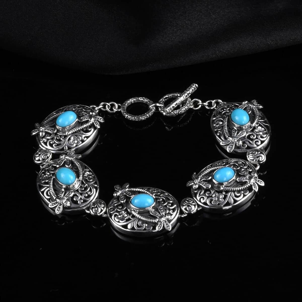 Bali Legacy Sleeping Beauty Turquoise Dragonfly Toggle Clasp Bracelet in Sterling Silver (7.50 In) 5.50 ctw image number 1