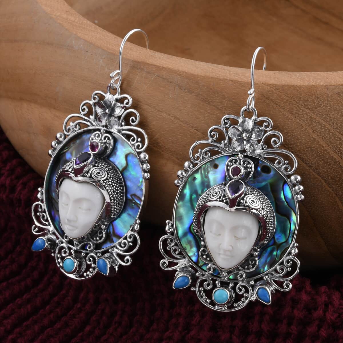 Bali Goddess Carved Bone and Multi Gemstone Earrings in Sterling Silver 2.30 ctw image number 1