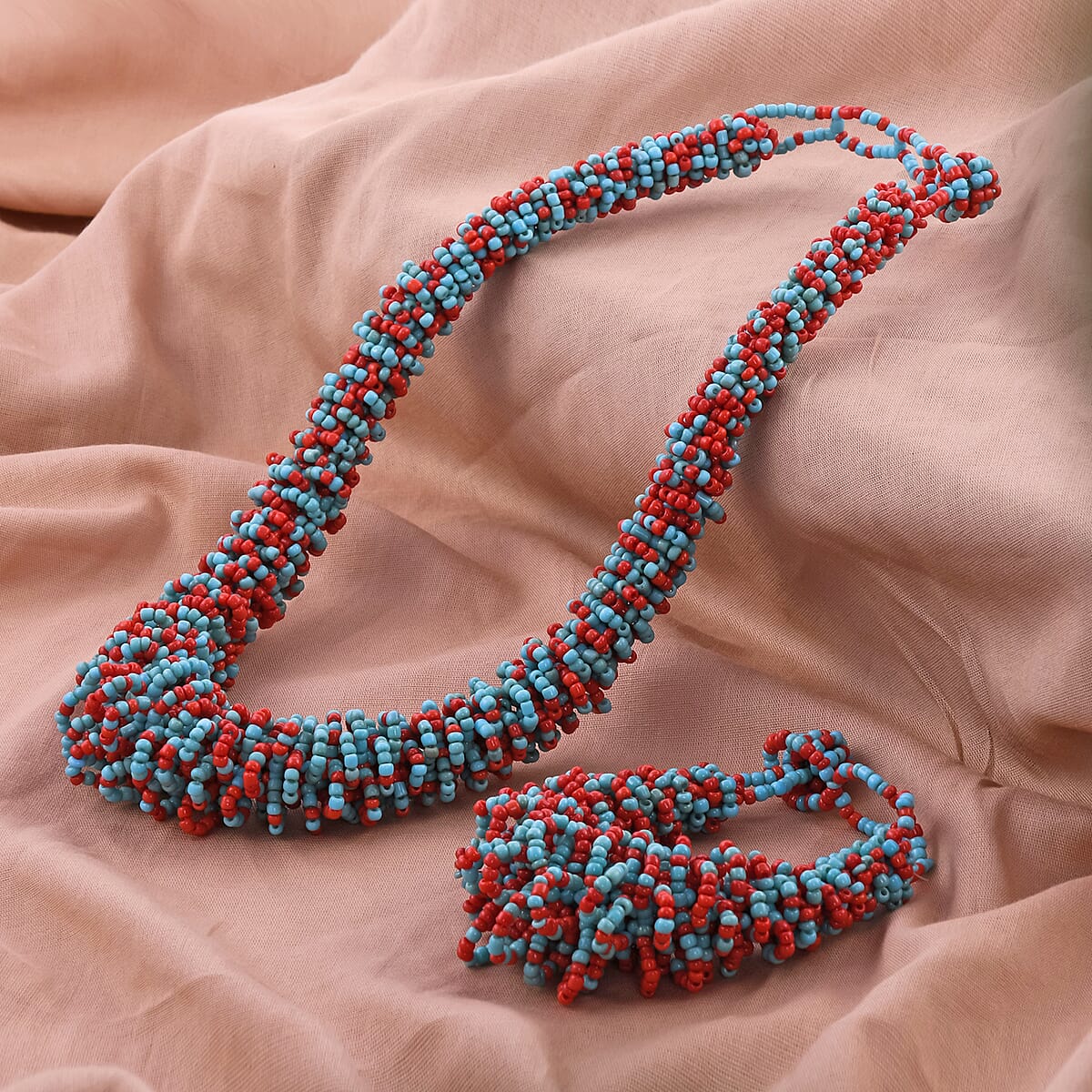 Red and Blue Seed Beaded Necklace (18 Inches) and Carpet Stretch Bracelet in Stainless Steel image number 1