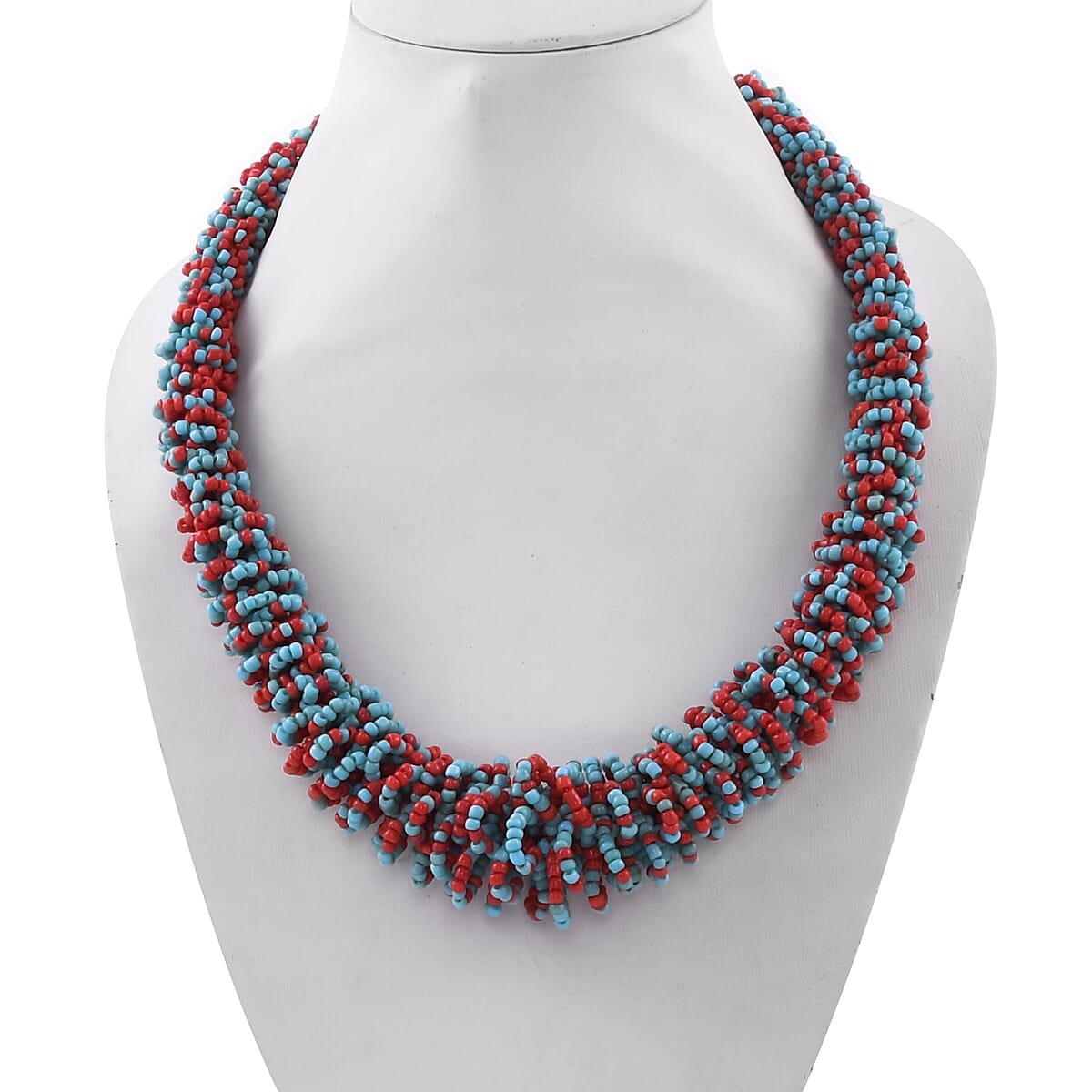 Red and Blue Seed Beaded Necklace (18 Inches) and Carpet Stretch Bracelet in Stainless Steel image number 2
