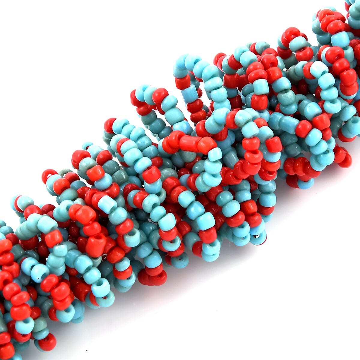 Red and Blue Seed Beaded Necklace (18 Inches) and Carpet Stretch Bracelet in Stainless Steel image number 3