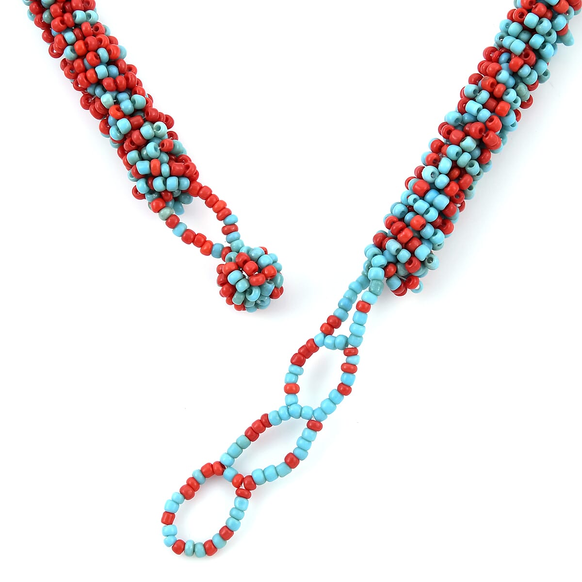Red and Blue Seed Beaded Necklace (18 Inches) and Carpet Stretch Bracelet in Stainless Steel image number 4