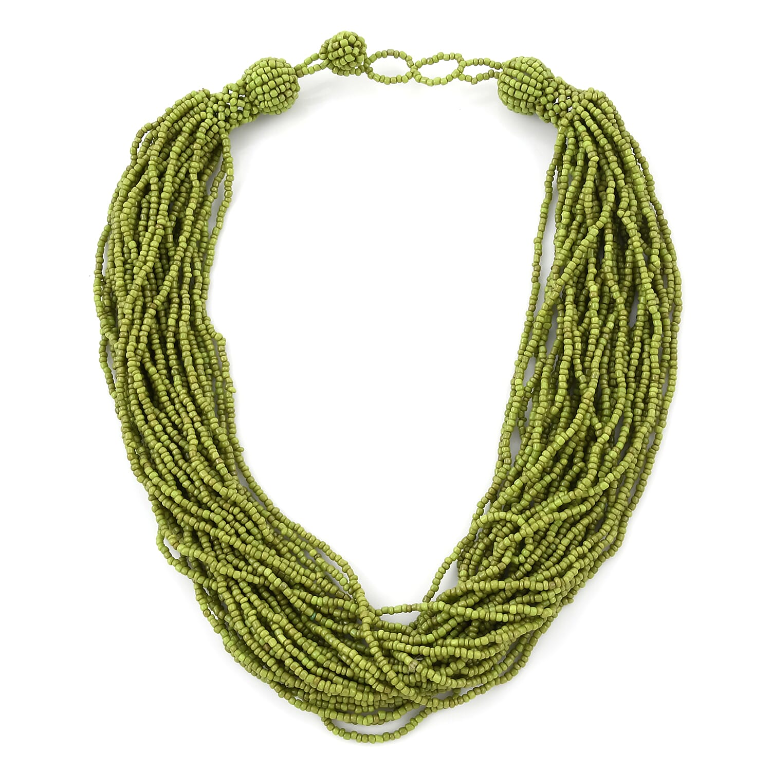Green Seed Bead Glass Multi Strand Necklace (Approx 22 in) in Silvertone