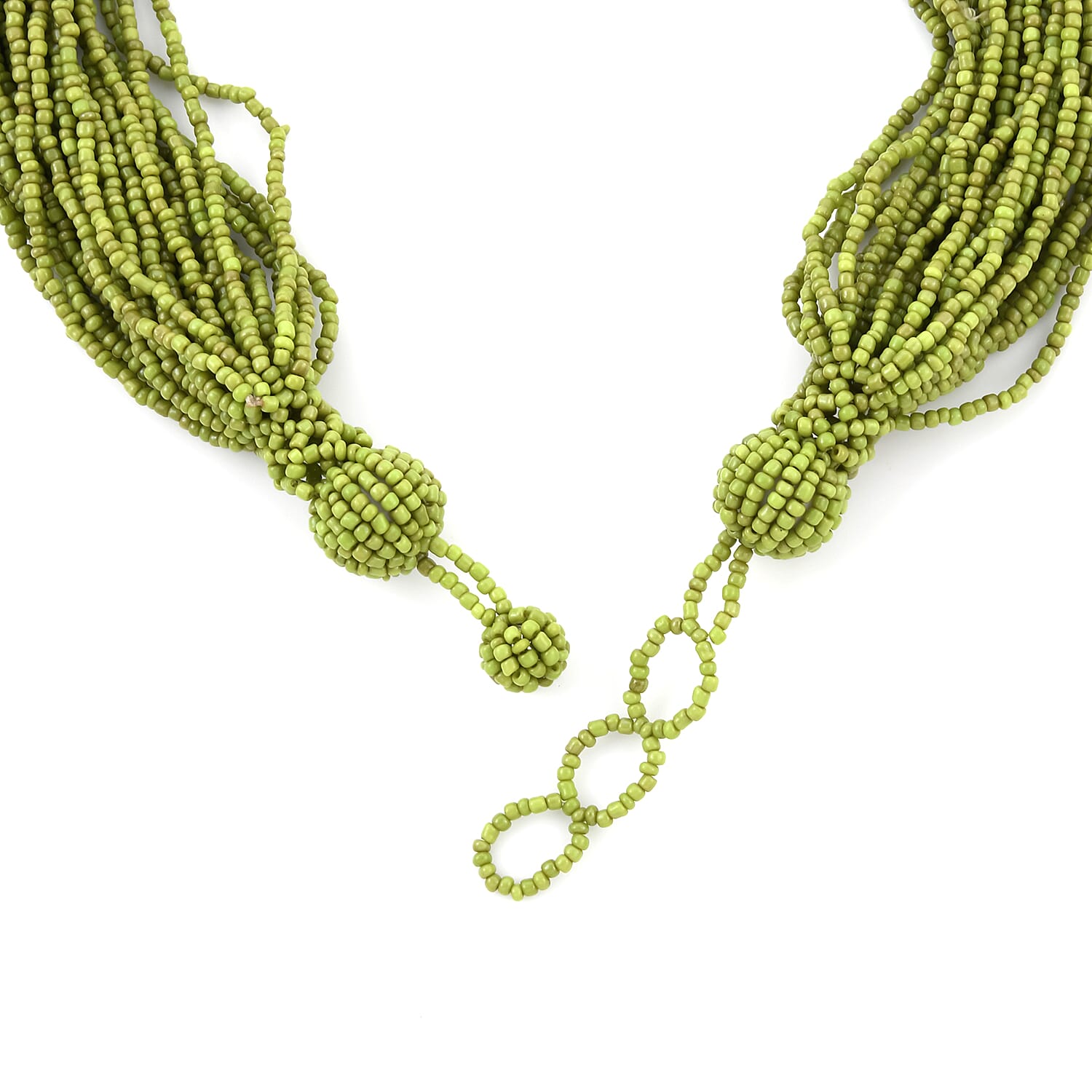 Green Seed Bead Glass Multi Strand Necklace (Approx 22 in) in Silvertone