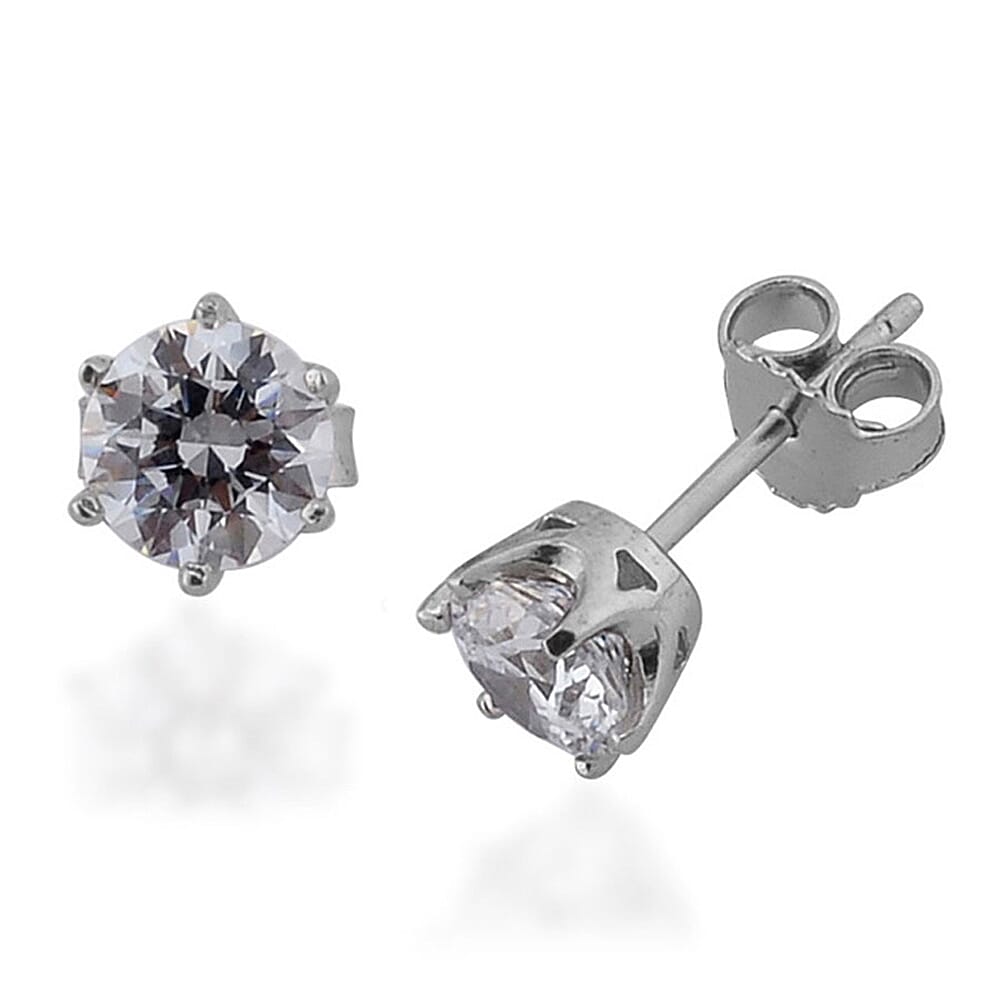 Made with Finest CZ Round Stud Earrings in Platinum Over Sterling Silver 3.00 ctw
